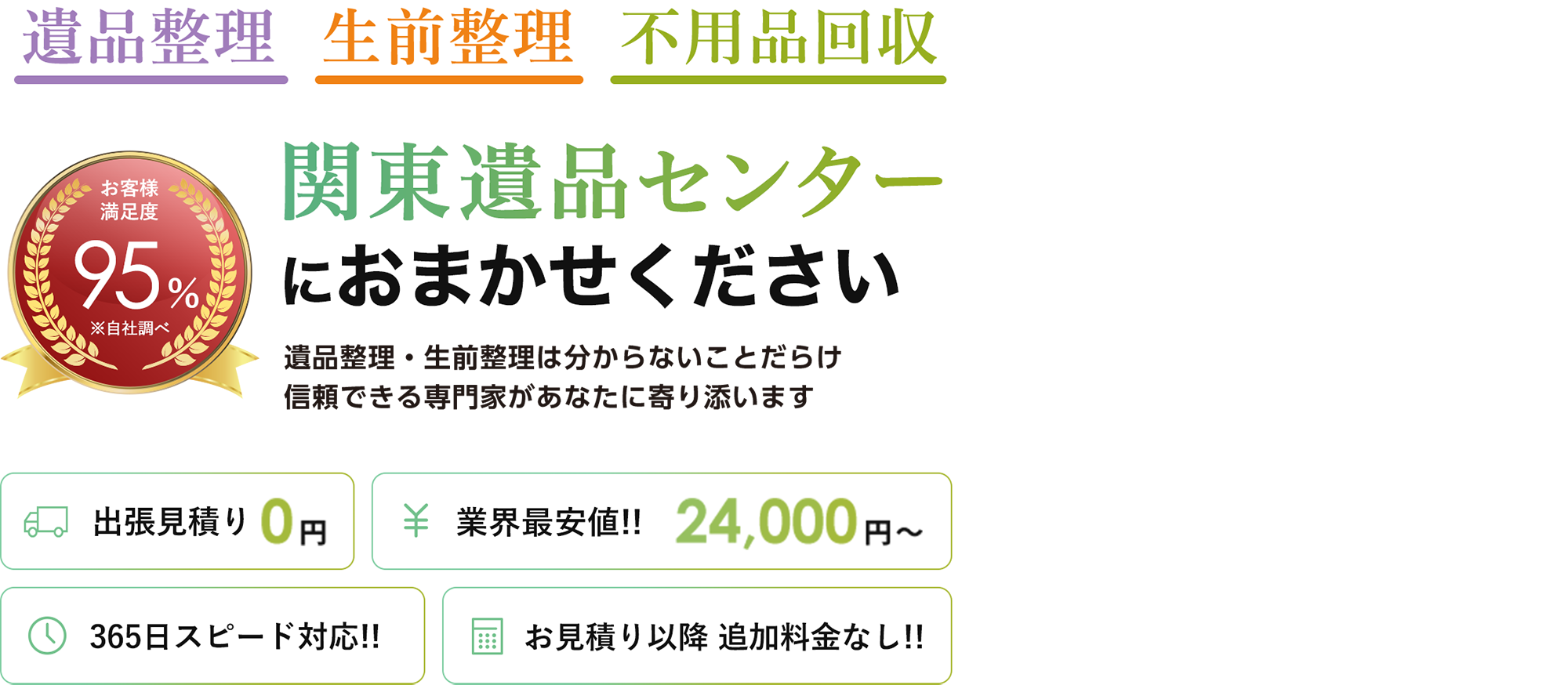 遺品整理 生前整理 不用品回収 関東遺品センターにおまかせください 遺品整理・生前整理は分からないことだらけ信頼できる専門家があなたに寄り添います お客様満足度95% 出張見積り0円 業界最安値!!24,000円〜 365日スピード対応!! お見積り以降 追加料金なし!!
